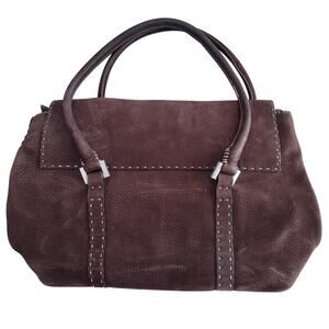 Falor Italy Brown Textured Leather Contrast Stitching Fur Trim Interior Handbag